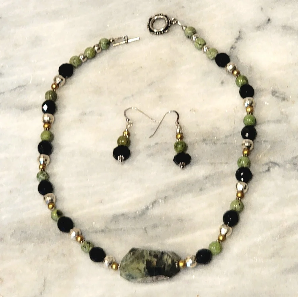 Jade Pearl Sterling Sterling Necklace Earring Set Rutimated Quartz 925 18.5" - Picture 9 of 9